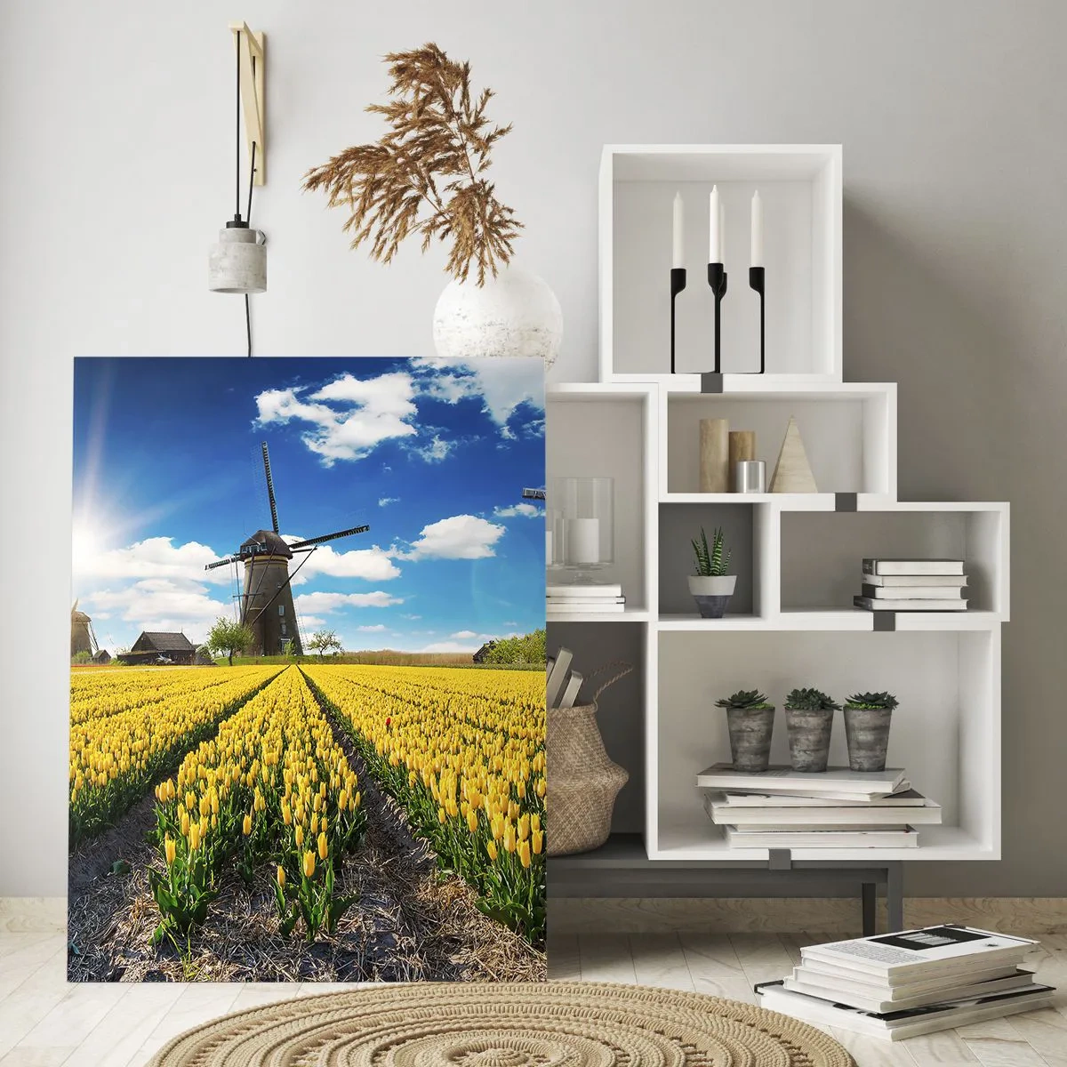 Quadro su vetro - Un campo di tulipani gialli con mulini a vento all'orizzonte - 70x100cm - Più olandesi di così non si può - Decorazione murale moderna per soggiorno e camera da letto ARTTOR