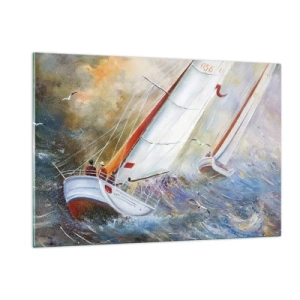 Quadro su vetro - Barche a vela in mare agitato durante una regata - 120x80cm - Correndo sulle onde - Decorazione murale moderna per soggiorno e camera da letto ARTTOR