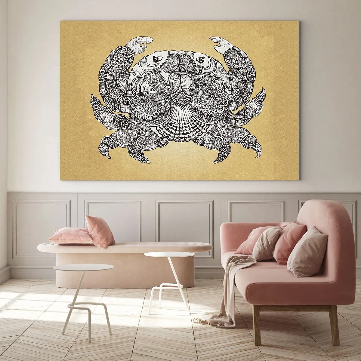 Quadro su vetro - Disegno stilizzato di un granchio con ornamenti su sfondo giallo - 100x70cm - I racconti del granchio - Decorazione murale moderna per soggiorno e camera da letto ARTTOR