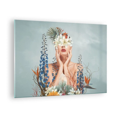 Quadro su vetro - Figura di donna con corona di fiori e composizione floreale - 70x50cm - Donna - fiore - Decorazione murale moderna per soggiorno e camera da letto ARTTOR