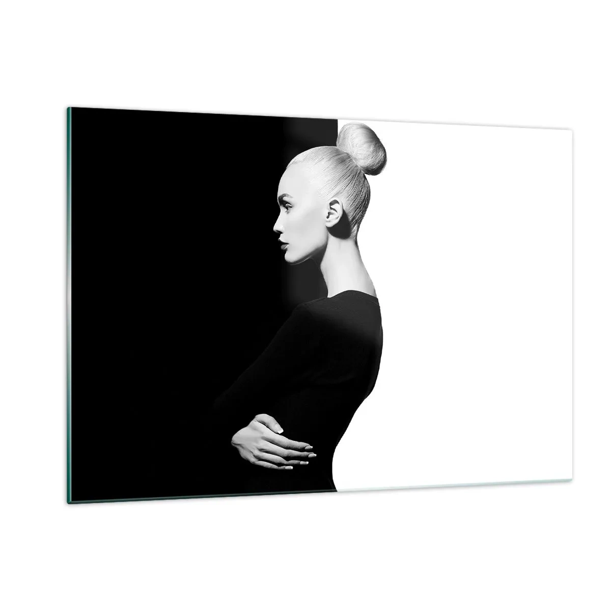 Quadro su vetro - Ritratto in bianco e nero di una donna con un elegante chignon - 120x80cm - Semplicemente donna - Decorazione murale moderna per soggiorno e camera da letto ARTTOR