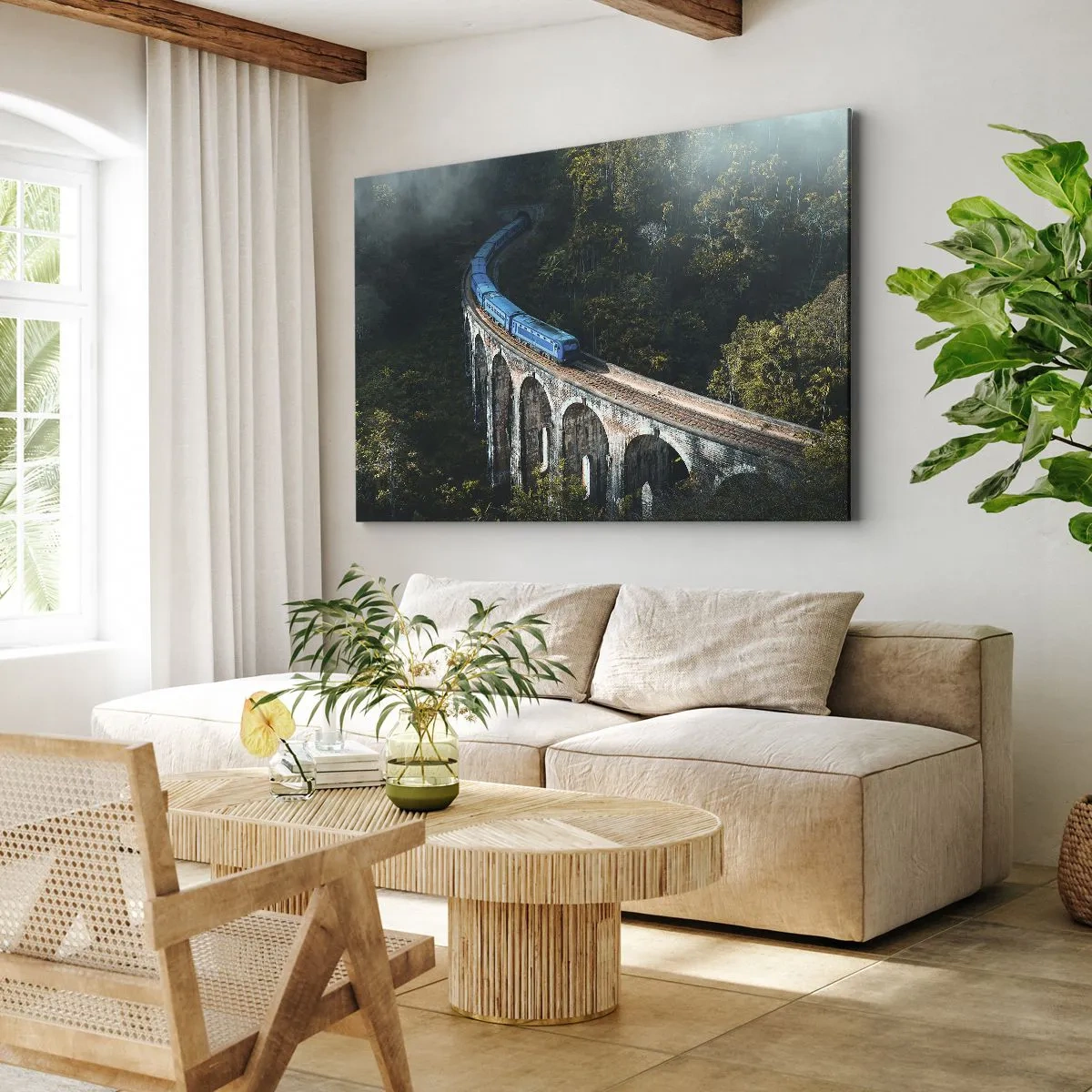 Quadro su tela - Stampe su Tela - Un treno blu su un viadotto storico tra le foreste - 120x80cm - Attrazione della natura - Decorazione murale moderna per soggiorno e camera da letto ARTTOR