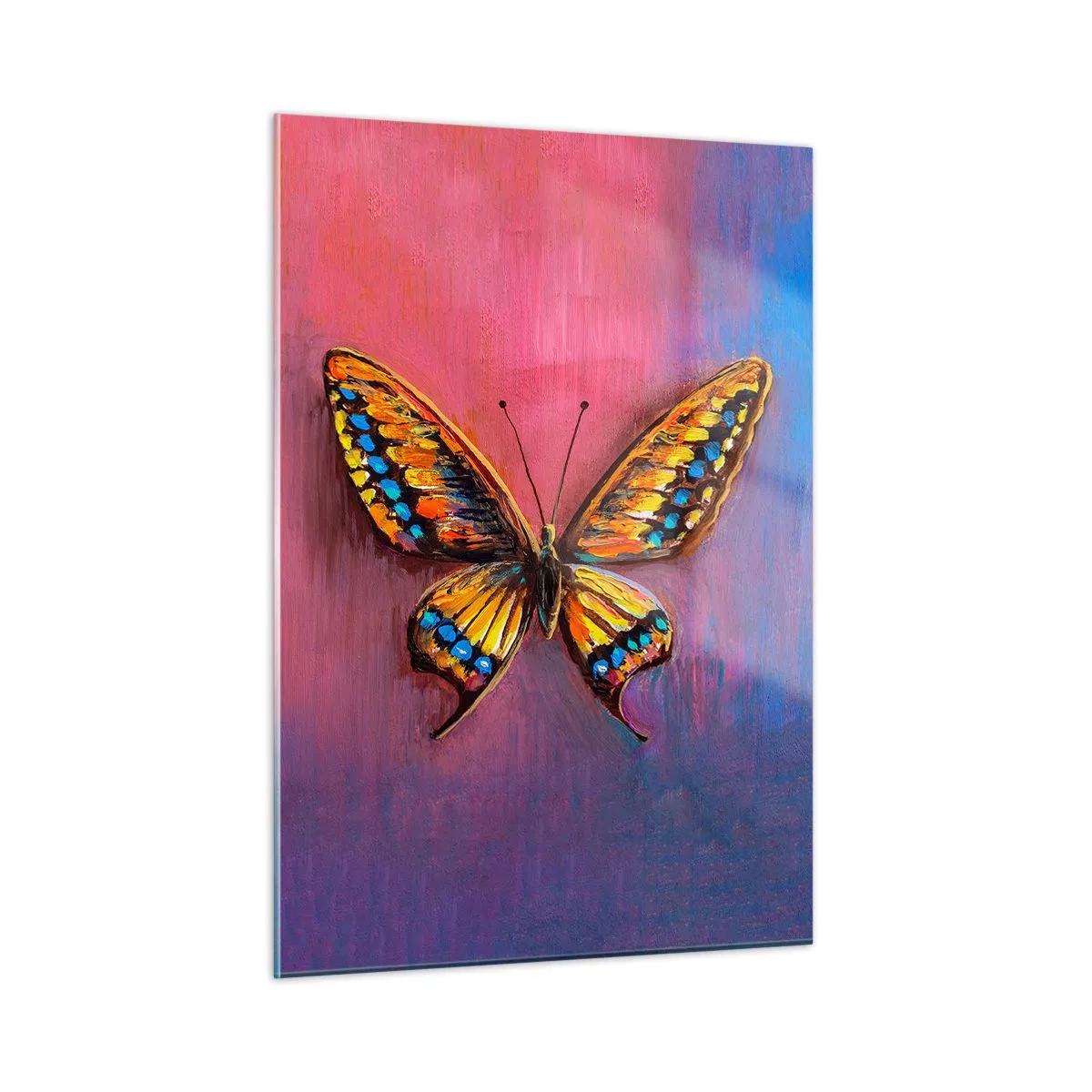 Quadro su vetro - Una farfalla colorata su uno sfondo nei toni del rosa e del viola - 50x70cm - Gioielli della natura - Decorazione murale moderna per soggiorno e camera da letto ARTTOR
