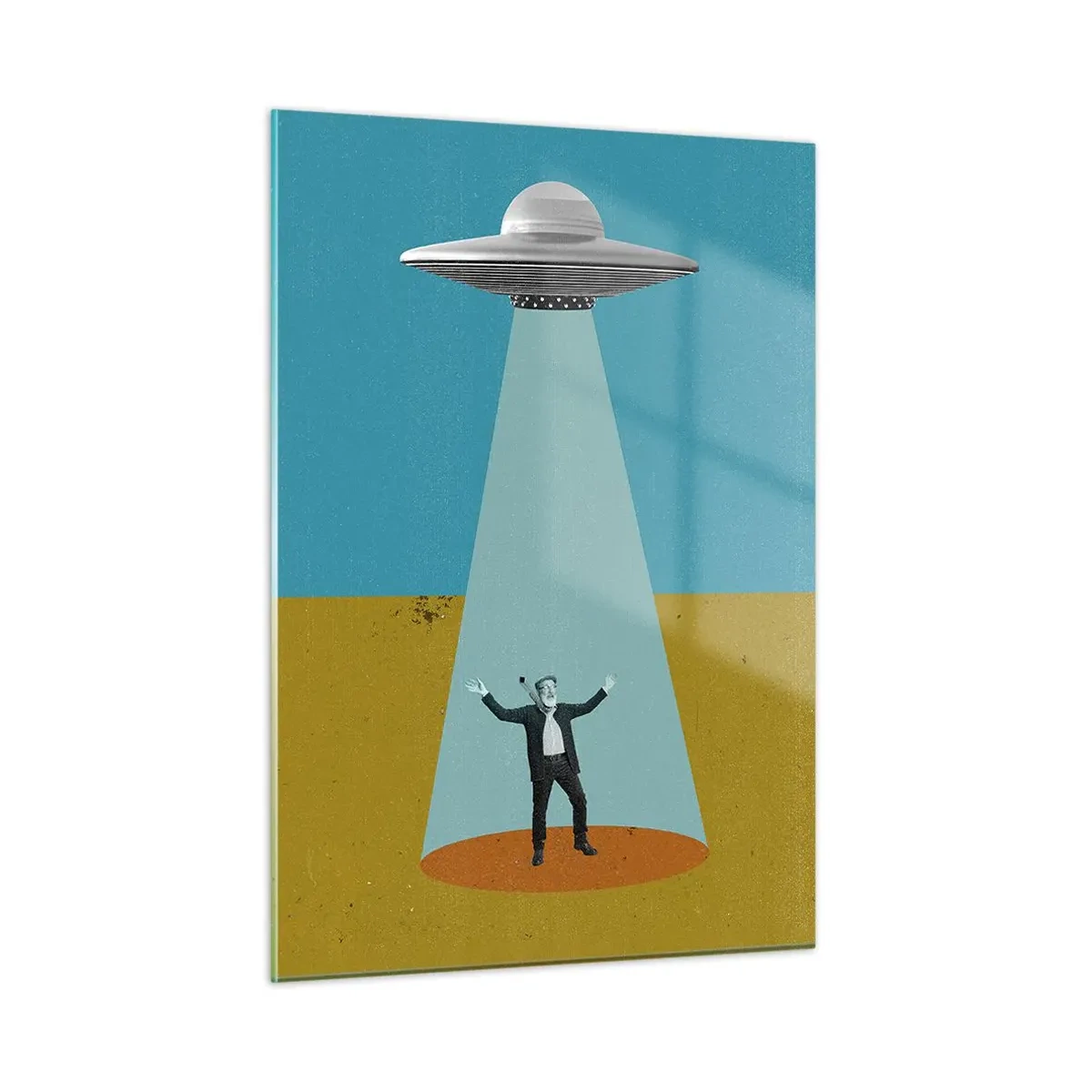 Quadro su vetro - Un uomo alla luce di un disco spaziale su uno sfondo colorato - 50x70cm - Incontro ravvicinato - Decorazione murale moderna per soggiorno e camera da letto ARTTOR