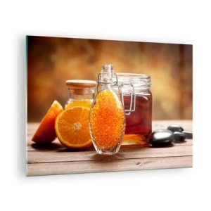 Quadro su vetro - Una bottiglia di olio e un'arancia su un tavolo di legno - 70x50cm - Il gusto e l'aroma del sole - Decorazione murale moderna per soggiorno e camera da letto ARTTOR
