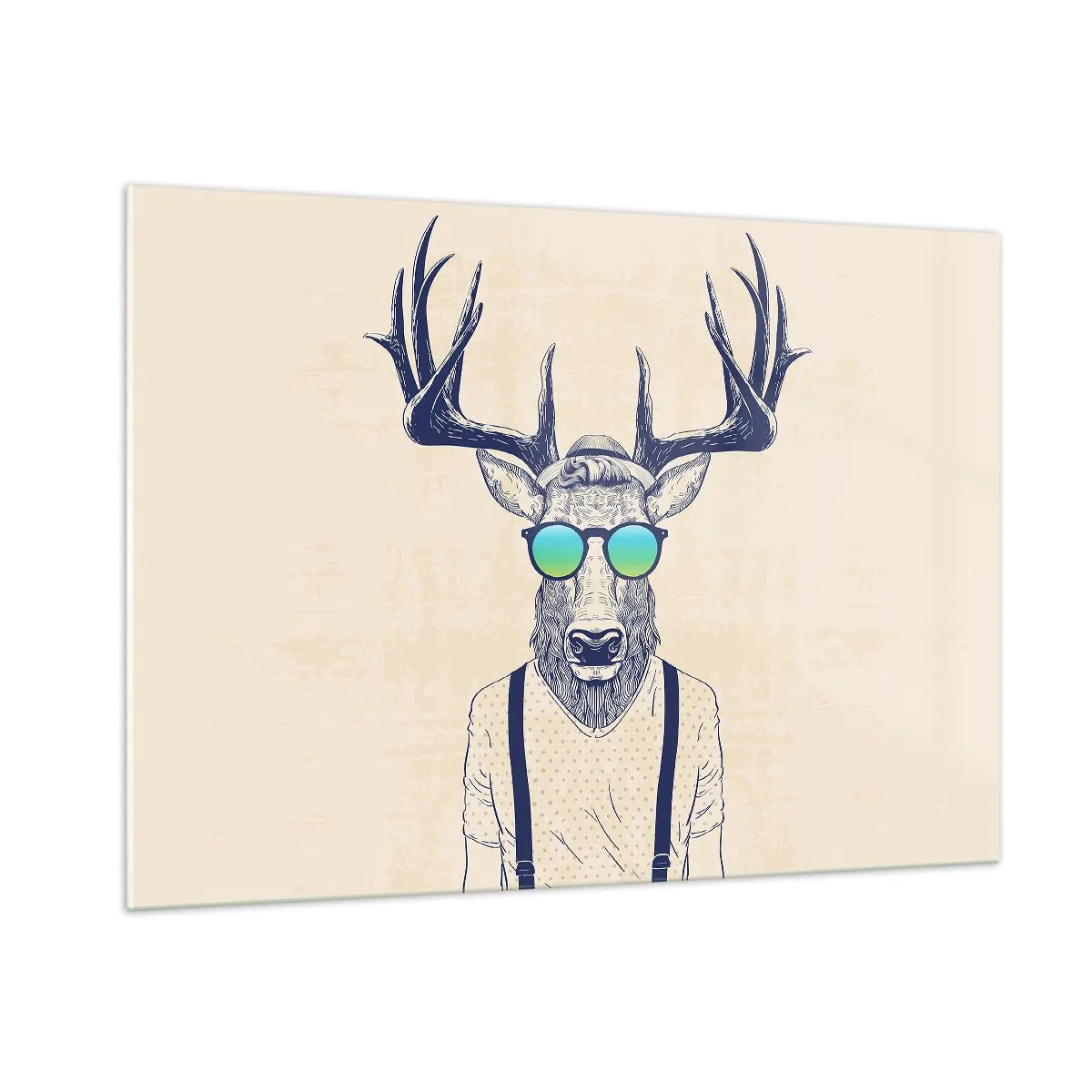 Quadro su vetro - Un elegante cervo con occhiali da sole su uno sfondo chiaro - 100x70cm - E chi ti aspettavi? - Decorazione murale moderna per soggiorno e camera da letto ARTTOR