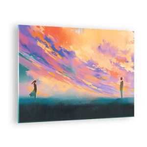 Quadro su vetro - Due persone sullo sfondo di un cielo colorato al tramonto - 70x50cm - Forza di attrazione - Decorazione murale moderna per soggiorno e camera da letto ARTTOR