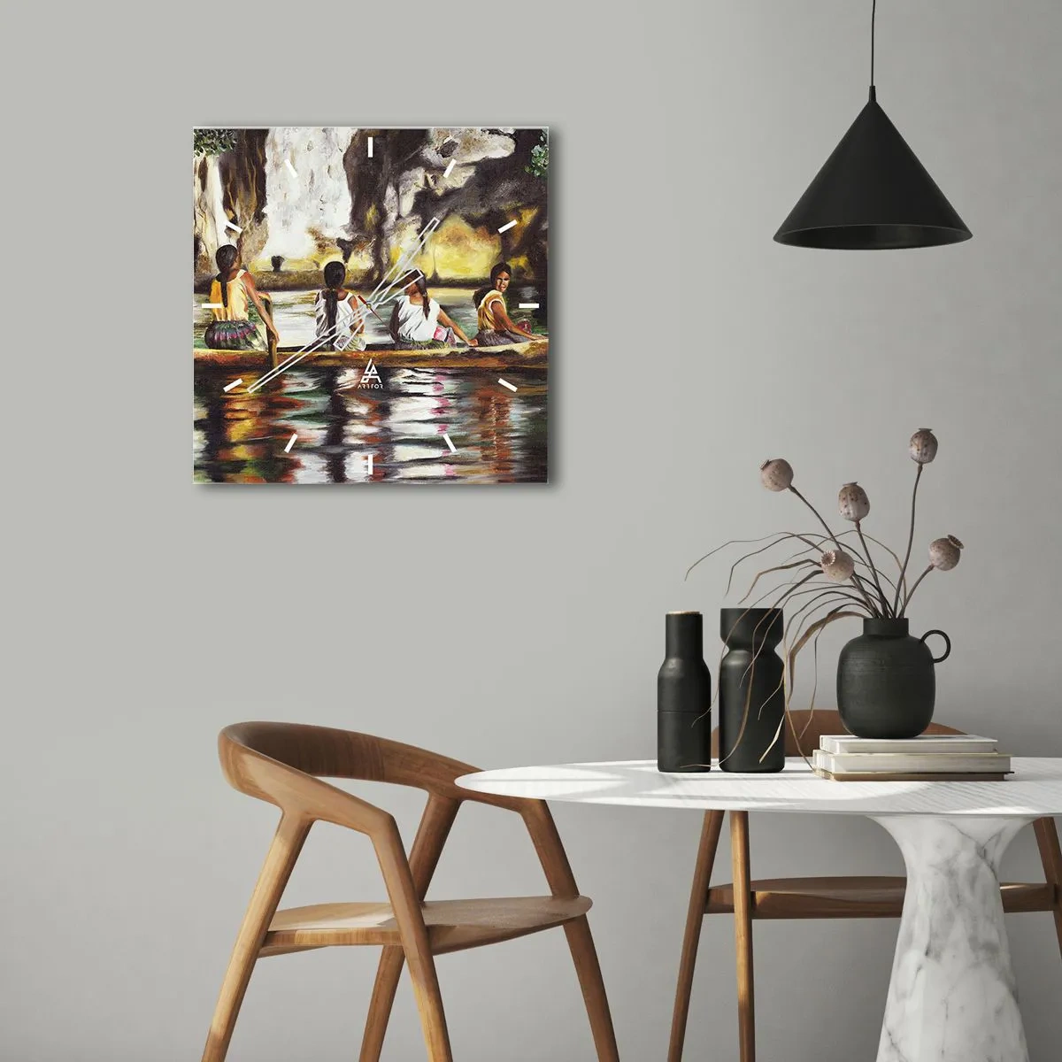Orologio da parete - Orologio in Vetro - Donne in barca su un fiume calmo con uno sfondo pittoresco - 30x30cm - Nel paradiso della Polinesia - Decorazione murale moderna per soggiorno e camera da letto ARTTOR