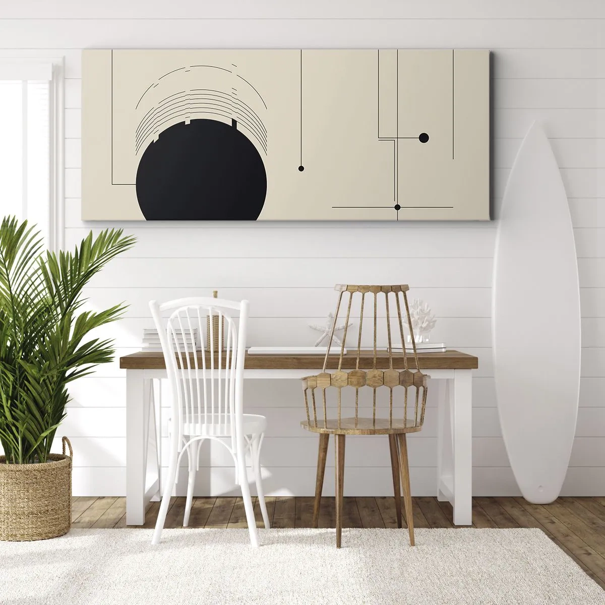 Quadro su tela - Stampe su Tela - Linee geometriche nere e un cerchio su uno sfondo beige - 120x50cm - Composizione elastica e dinamica - Decorazione murale moderna per soggiorno e camera da letto ARTTOR