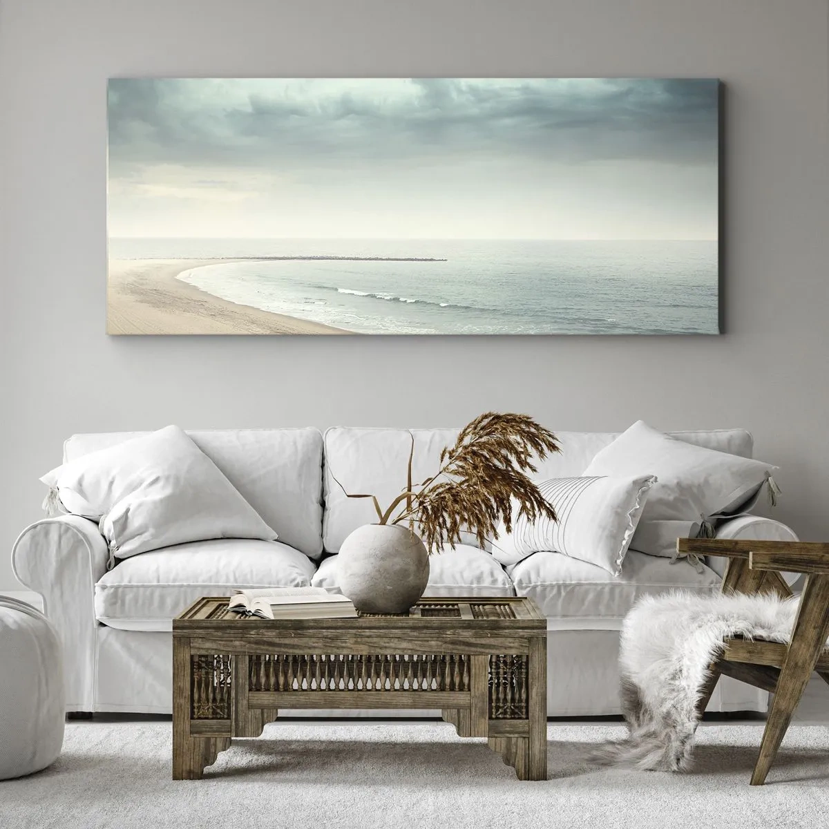 Quadro su tela - Stampe su Tela - Una figura solitaria su una spiaggia deserta in riva al mare calmo - 140x50cm - Cercando la pace - Decorazione murale moderna per soggiorno e camera da letto ARTTOR