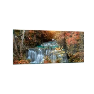 Quadro su vetro - Cascata autunnale circondata da alberi colorati alla luce del sole - 120x50cm - Il tesoro nascosto nel bosco - Decorazione murale moderna per soggiorno e camera da letto ARTTOR