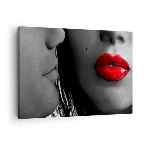 Quadro su tela - Stampe su Tela - Primo piano dei volti di una donna e di un uomo con le labbra rosse. - 70x50cm - Volto accanto al volto  - Decorazione murale moderna per soggiorno e camera da letto ARTTOR