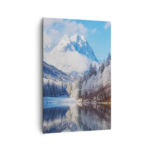 Quadro su tela - Stampe su Tela - Paesaggio montano invernale con alberi innevati e un lago - 80x120cm - Il custode innevato - Decorazione murale moderna per soggiorno e camera da letto ARTTOR