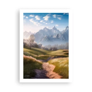 Poster - Un sentiero di montagna che attraversa una valle verde all'alba - 50x70cm - Valle idilliaca - Decorazione murale moderna per soggiorno e camera da letto ARTTOR