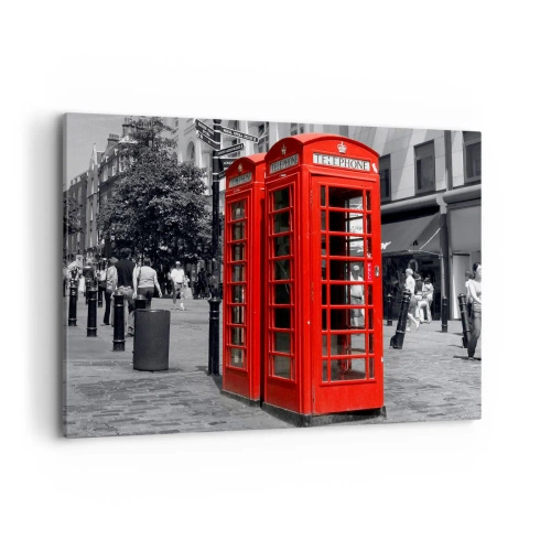 Quadro su tela - Stampe su Tela - Cabine telefoniche rosse su uno sfondo urbano bianco e nero. - 100x70cm - Cabine telefoniche rosse - Decorazione murale moderna per soggiorno e camera da letto ARTTOR