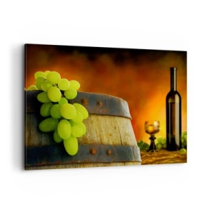 Quadro su tela - Stampe su Tela - Uva su una botte di vino con uno schema di colori caldi sullo sfondo - 100x70cm - Natura morta con bottiglia di vino e acini d'uva - Decorazione murale moderna per soggiorno e camera da letto ARTTOR