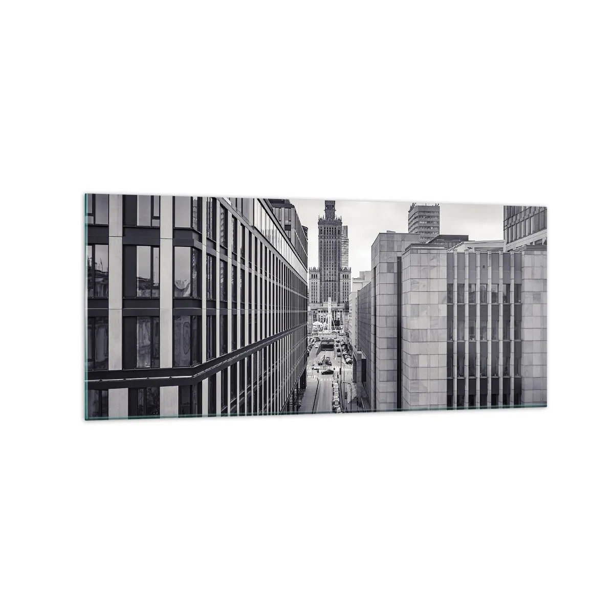 Quadro su vetro - Panorama di Varsavia con vista sul Palazzo della Cultura e sugli edifici circostanti - 120x50cm - La valle di Varsavia - Decorazione murale moderna per soggiorno e camera da letto ARTTOR