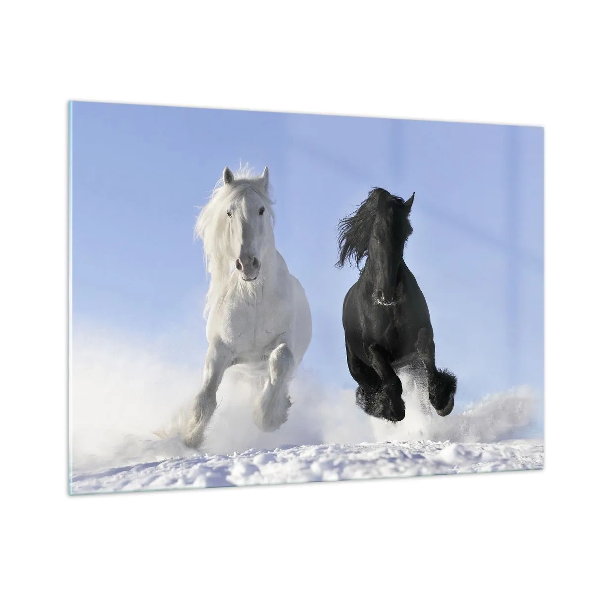 Quadro su vetro - Un cavallo bianco e nero che corre nella neve in un paesaggio invernale - 100x70cm - Galoppo in bianco e nero - Decorazione murale moderna per soggiorno e camera da letto ARTTOR