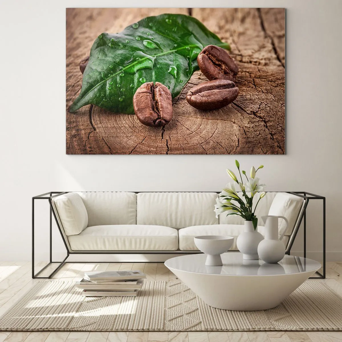 Quadro su vetro - Chicchi di caffè su uno sfondo di foglie e legno - 120x80cm - Nero e autentico - Decorazione murale moderna per soggiorno e camera da letto ARTTOR