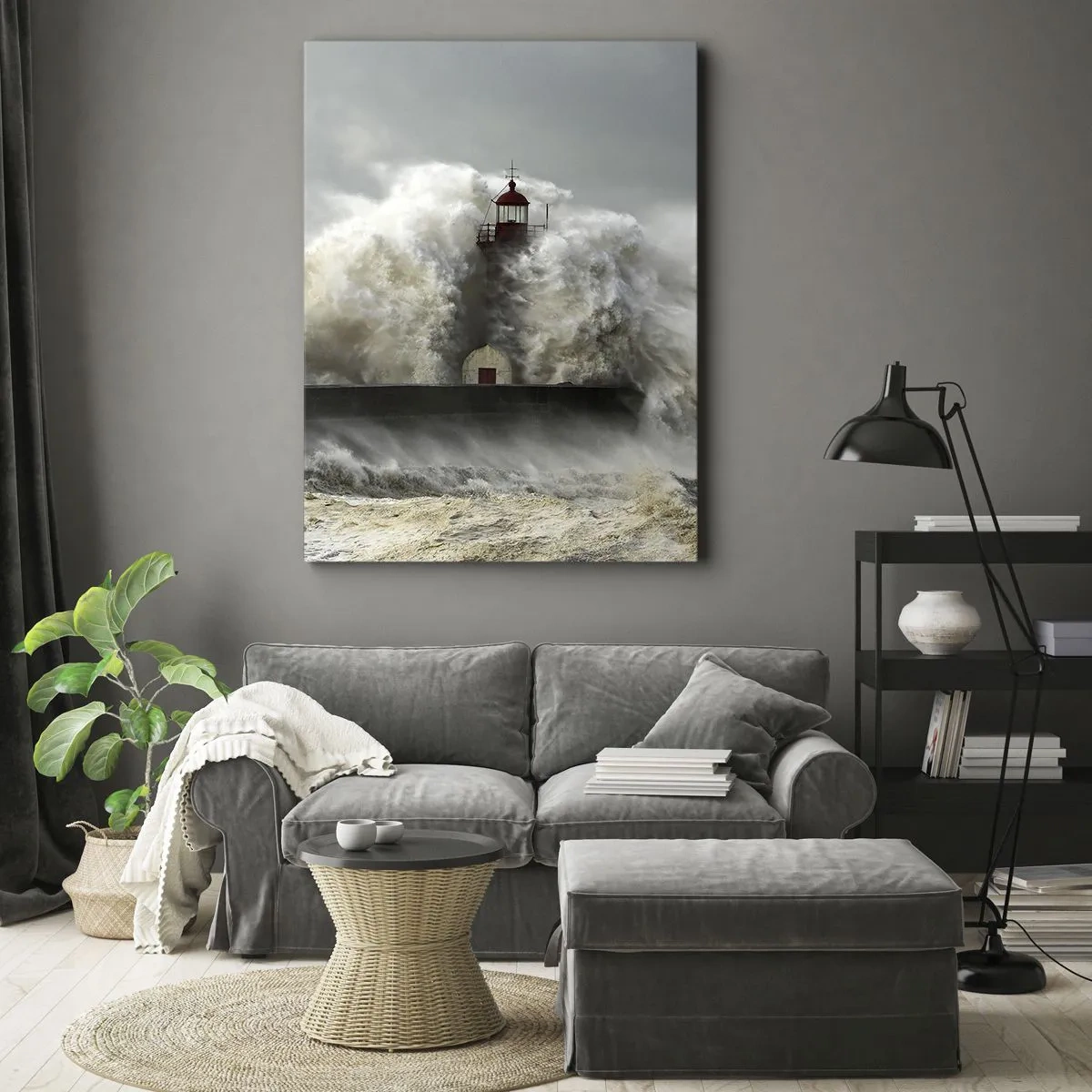 Quadro su tela - Stampe su Tela - Un faro circondato da onde agitate durante una tempesta - 50x70cm - L'ira dell'oceano - Decorazione murale moderna per soggiorno e camera da letto ARTTOR