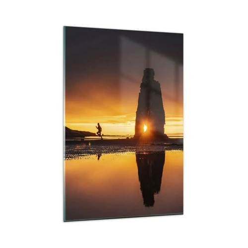 Quadro su vetro - Persona che corre sulla spiaggia al tramonto con formazione rocciosa - 80x120cm - Solo tu e la natura - Decorazione murale moderna per soggiorno e camera da letto ARTTOR