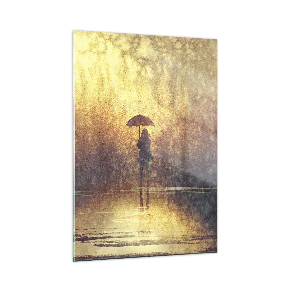 Quadro su vetro - Una figura con un ombrello alla luce del sole al tramonto e della pioggia - 50x70cm - Sento che qualcuno mi guarda - Decorazione murale moderna per soggiorno e camera da letto ARTTOR