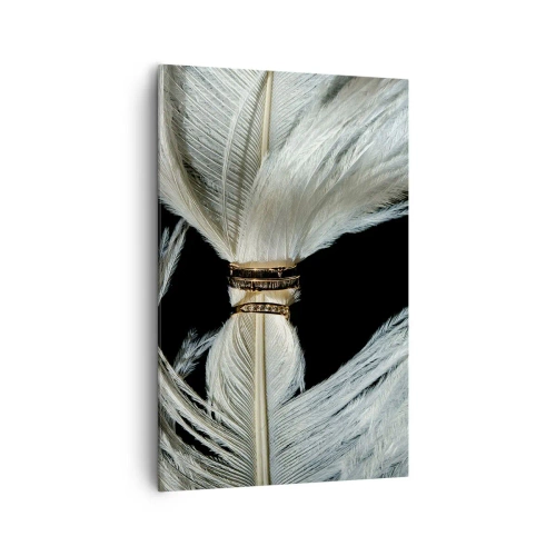 Quadro su tela - Stampe su Tela - Una piuma bianca con due anelli d'oro su uno sfondo nero - 80x120cm - ...e non ti lascerò... - Decorazione murale moderna per soggiorno e camera da letto ARTTOR