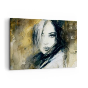 Quadro su tela - Stampe su Tela - Ritratto di una donna su uno sfondo di macchie astratte nei toni del beige - 120x80cm - Più innocente o sensuale? - Decorazione murale moderna per soggiorno e camera da letto ARTTOR