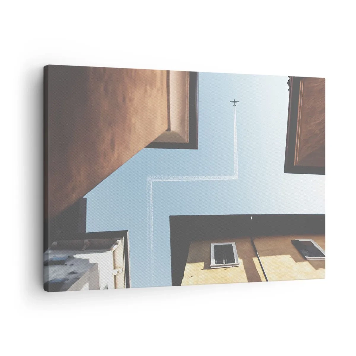 Quadro su tela - Stampe su Tela - Vista dell'aereo e della sua scia nel cielo da una prospettiva stradale - 70x50cm - Sopra il labirinto urbano - Decorazione murale moderna per soggiorno e camera da letto ARTTOR