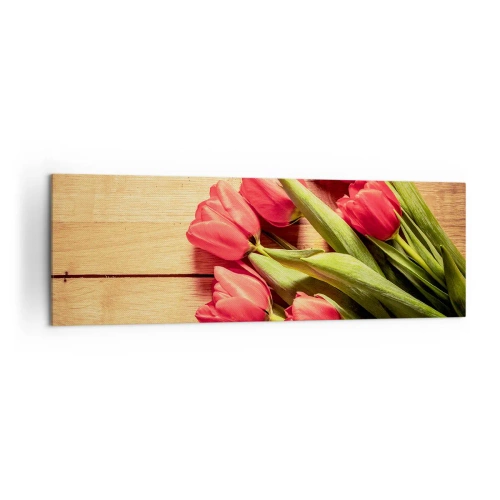 Quadro su tela - Stampe su Tela - Un mazzo di tulipani rosa su uno sfondo di legno - 160x50cm - Confessione primaverile - Decorazione murale moderna per soggiorno e camera da letto ARTTOR