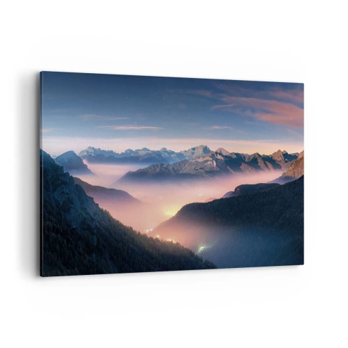 Quadro su tela - Stampe su Tela - Un paesaggio montano con una valle piena di nebbia - 120x80cm - La luce nelle valli - Decorazione murale moderna per soggiorno e camera da letto ARTTOR
