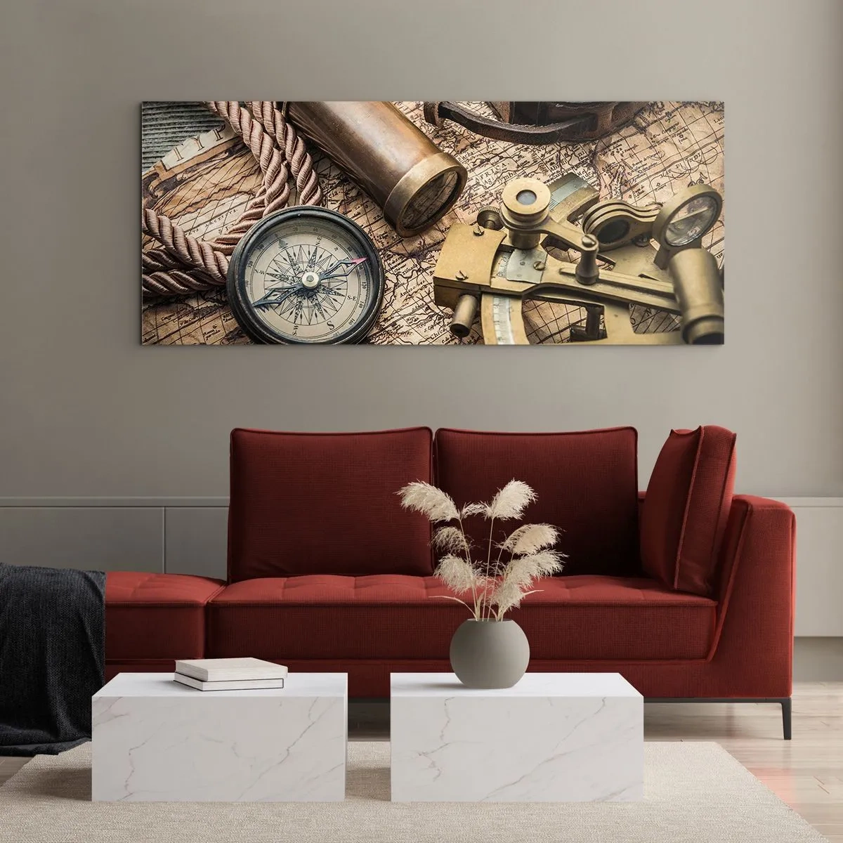 Quadro su vetro - Una bussola, un sestante e un telescopio sullo sfondo di una vecchia mappa e di una corda nautica. - 120x50cm - Traccia la rotta - Decorazione murale moderna per soggiorno e camera da letto ARTTOR