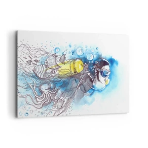 Quadro su tela - Stampe su Tela - Scena subacquea con un subacqueo e pesci esotici - 120x80cm - Il grande blu - Decorazione murale moderna per soggiorno e camera da letto ARTTOR