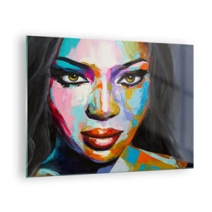 Quadro su vetro - Un ritratto colorato di una donna in uno stile distintivo - 70x50cm - Non si può staccare lo sguardo - Decorazione murale moderna per soggiorno e camera da letto ARTTOR