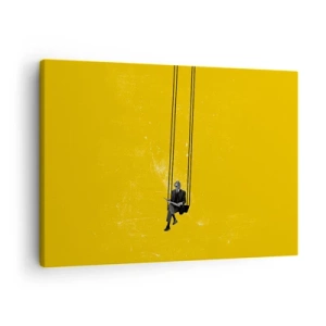 Quadro su tela - Stampe su Tela - Una persona su un'altalena su uno sfondo di un giallo intenso - 70x50cm - Un giorno come tanti - Decorazione murale moderna per soggiorno e camera da letto ARTTOR