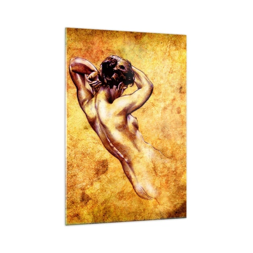Quadro su vetro - Nudo femminile artistico su sfondo dorato in stile classico - 70x100cm - Nuda, ma sempre misteriosa - Decorazione murale moderna per soggiorno e camera da letto ARTTOR