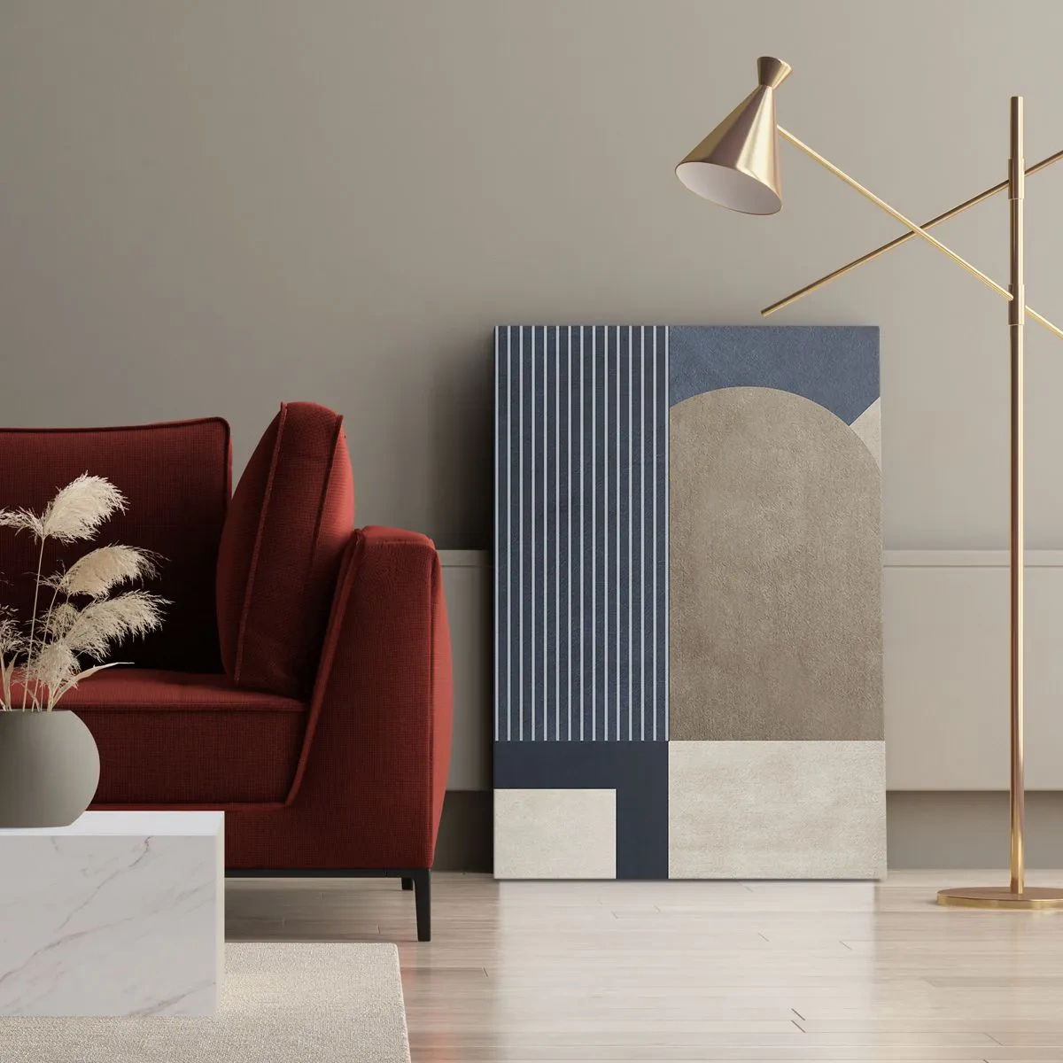 Quadro su tela - Stampe su Tela - Figure geometriche nei toni del beige e del blu navy con linee - 70x100cm - Composizione di semplicità e rotondità - Decorazione murale moderna per soggiorno e camera da letto ARTTOR