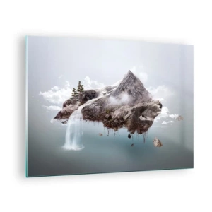 Quadro su vetro - Un'isola di montagna galleggiante con una cascata in stile surreale. - 70x50cm - Con l'occhio del surrealista - Decorazione murale moderna per soggiorno e camera da letto ARTTOR