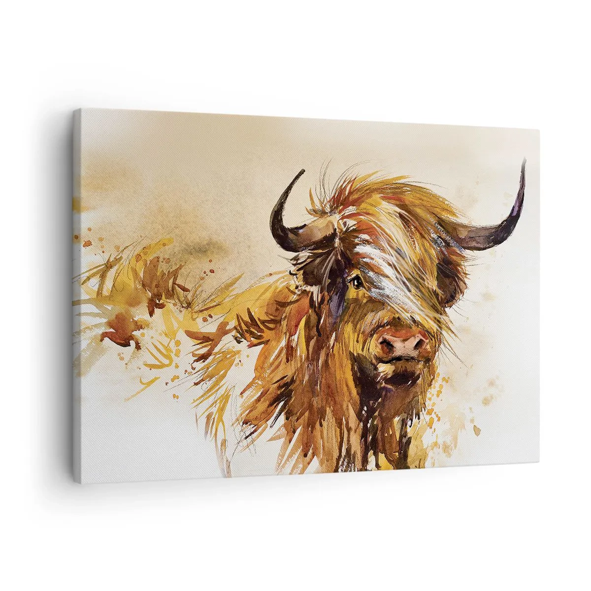 Quadro su tela - Stampe su Tela - Ritratto di un toro in stile acquerello artistico - 70x50cm - L'orgoglio del cacciatore - Decorazione murale moderna per soggiorno e camera da letto ARTTOR
