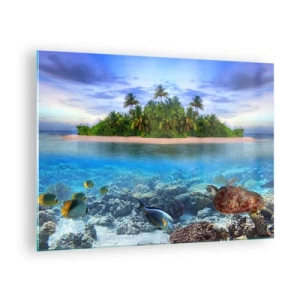 Quadro su vetro - Un'isola tropicale con barriera corallina e vita marina - 70x50cm - L'isola del paradiso dà il benvenuto - Decorazione murale moderna per soggiorno e camera da letto ARTTOR