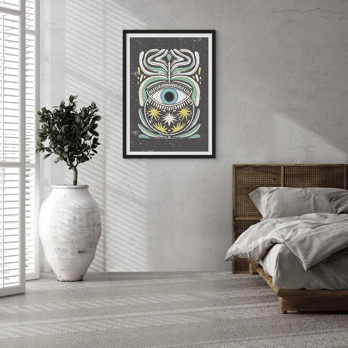 Poster in cornice nera - Un occhio simbolico circondato da motivi vegetali su uno sfondo scuro. - 50x70cm - Rituali tribali - Decorazione murale moderna per soggiorno e camera da letto ARTTOR