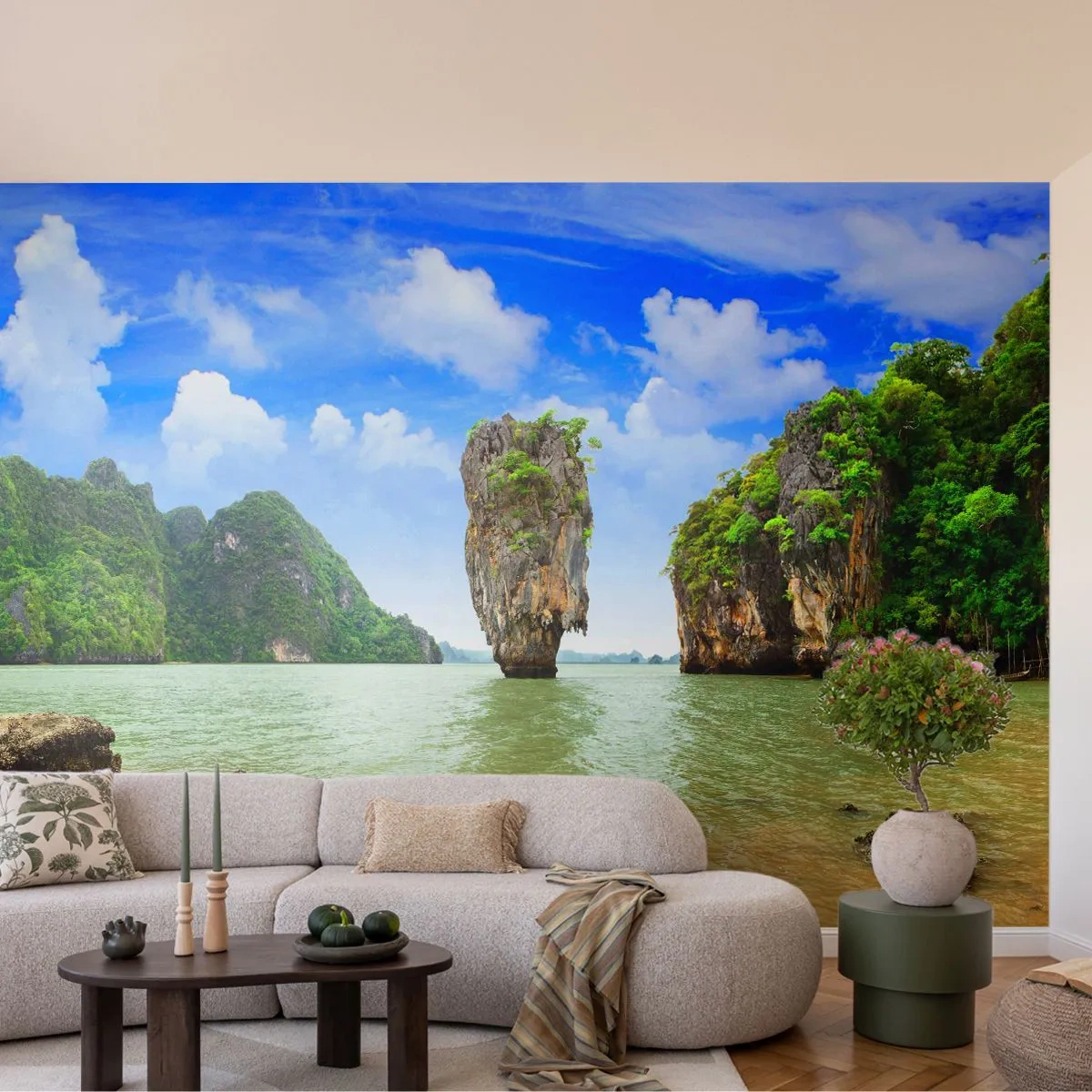 Fotomurali Premium Canvas - Una formazione rocciosa esotica circondata da acqua e vegetazione sotto un cielo azzurro. - 100x70cm - Meraviglie rocciose della natura - Decorazione murale moderna per soggiorno e camera da letto ARTTOR