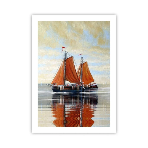 Poster - Barche a vela in acque calme con vele rosse - 50x70cm - Naviga, marinaio... - Decorazione murale moderna per soggiorno e camera da letto ARTTOR