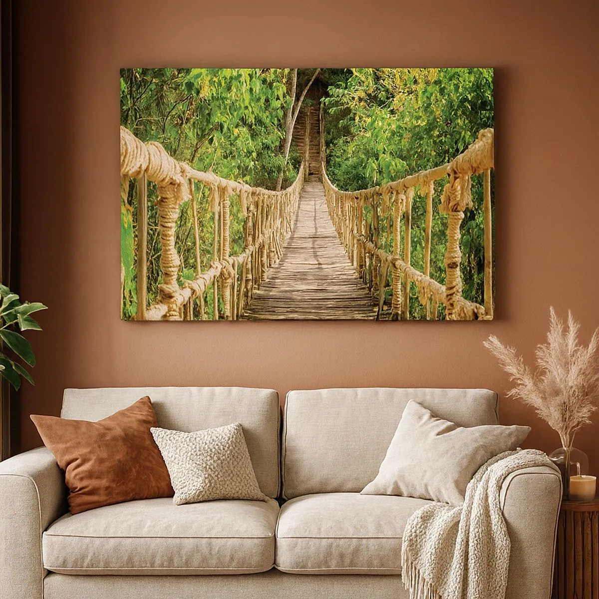 Quadro su tela - Stampe su Tela - Un ponte sospeso in una foresta tropicale ricca di vegetazione - 70x50cm - Sospeso nel verde - Decorazione murale moderna per soggiorno e camera da letto ARTTOR