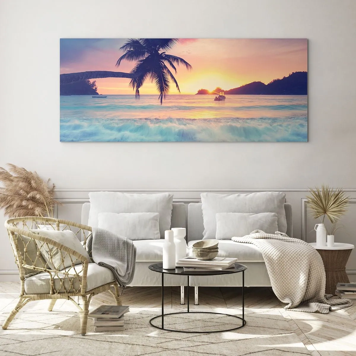 Quadro su vetro - Spiaggia con una palma e un tramonto sull'oceano - 140x50cm - Sera nell'insenatura - Decorazione murale moderna per soggiorno e camera da letto ARTTOR