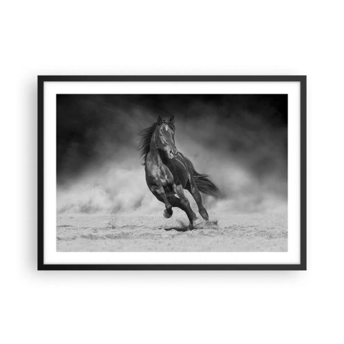Poster in cornice nera - Un cavallo bianco e nero che galoppa sulla sabbia - 70x50cm - Degno dell'emiro - Decorazione murale moderna per soggiorno e camera da letto ARTTOR