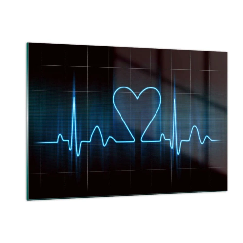 Quadro su vetro - Linea di vita con un cuore su uno sfondo scuro in luce blu - 120x80cm - Al ritmo del cuore - Decorazione murale moderna per soggiorno e camera da letto ARTTOR