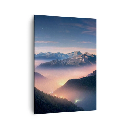 Quadro su tela - Stampe su Tela - Un paesaggio montano con una valle piena di nebbia - 50x70cm - La luce nelle valli - Decorazione murale moderna per soggiorno e camera da letto ARTTOR