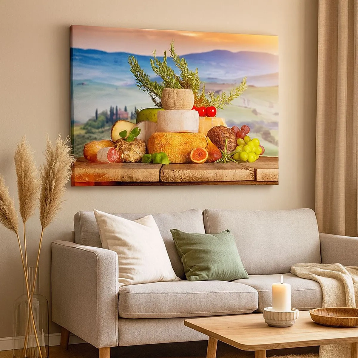 Quadro su tela - Stampe su Tela - Una composizione di formaggi e frutta sullo sfondo del paesaggio toscano - 70x50cm - La gioia italiana della vita - Decorazione murale moderna per soggiorno e camera da letto ARTTOR