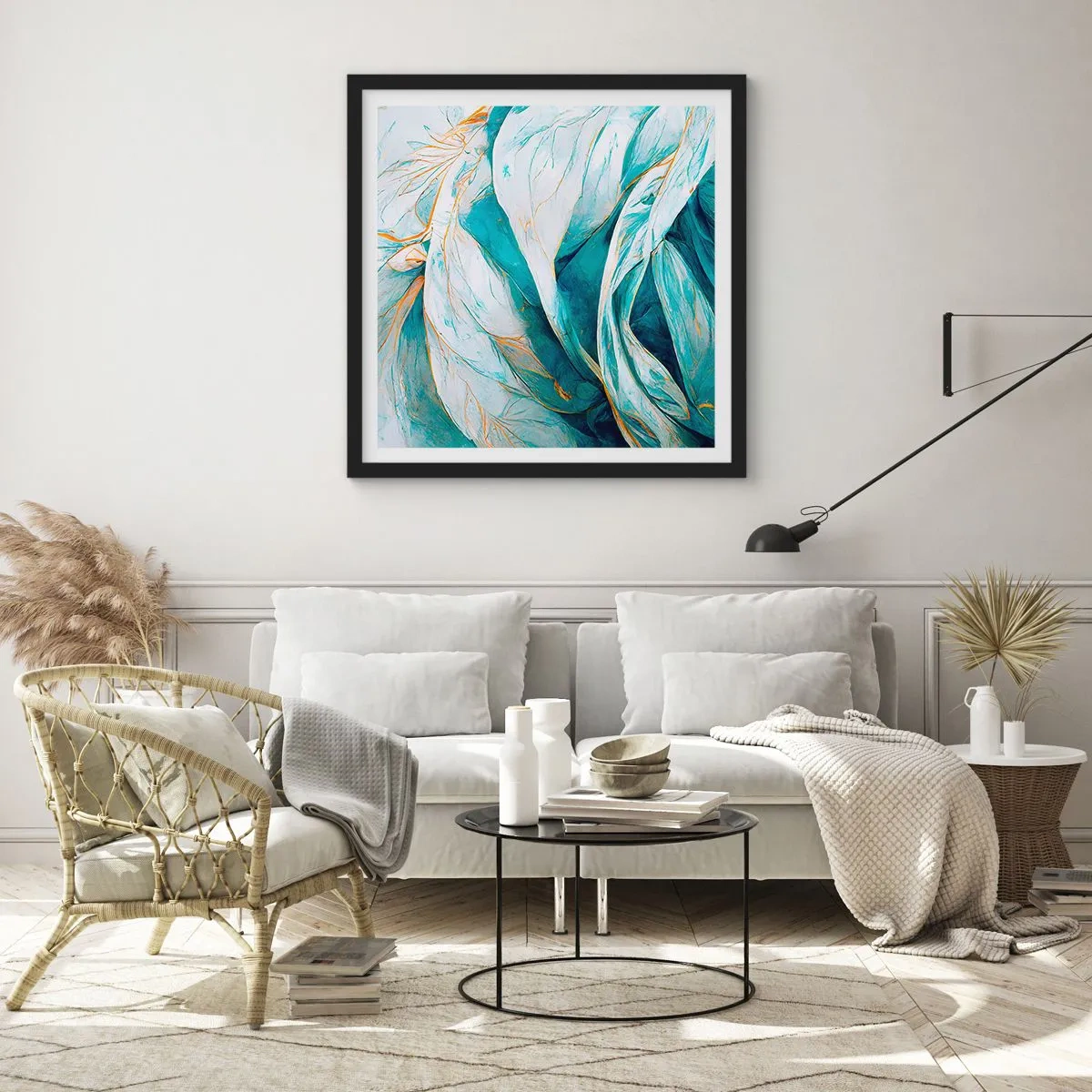 Poster in cornice nera - Astrazione blu con motivi d'oro - 30x30 cm